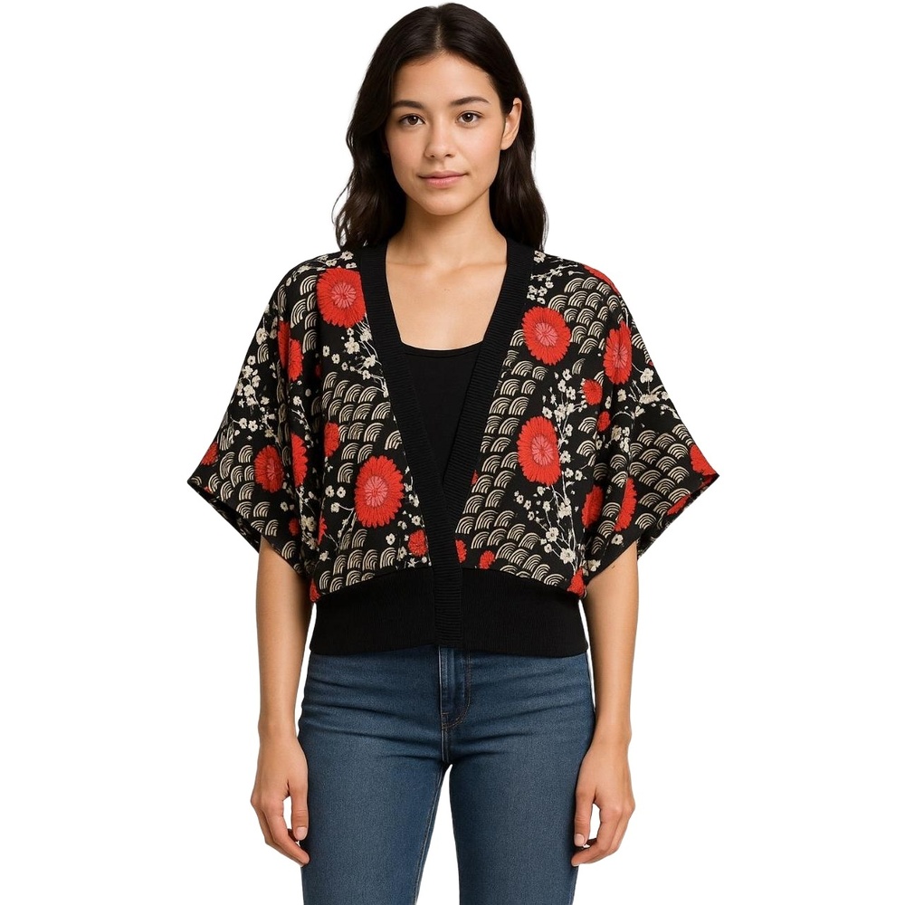 TIMING Women’s Kimono Style Top Black Multicolor Floral Print Chic Small‎